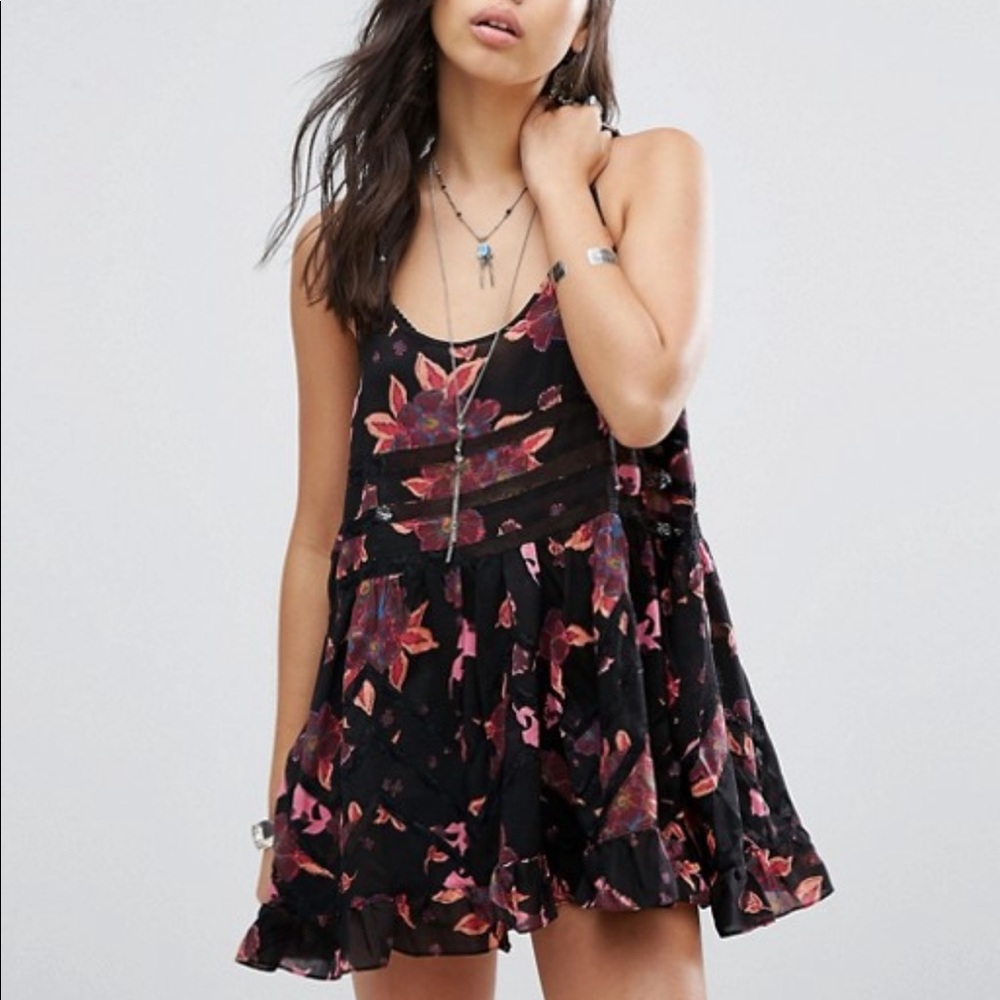 Free People Black Floral Voile Trapeze Lace Slip